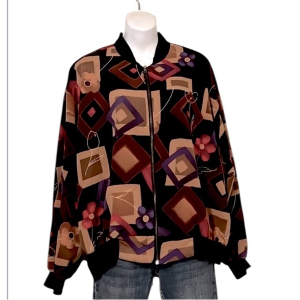 CASCIAS Vintage Retro 80s Floral Abstract Geometric Bomber Lightweight Jacket L